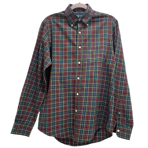 Men's Ralph Lauren Classic Fit Long Sleeve Green, Red and Blue Plaid Button Down - Picture 3 of 10